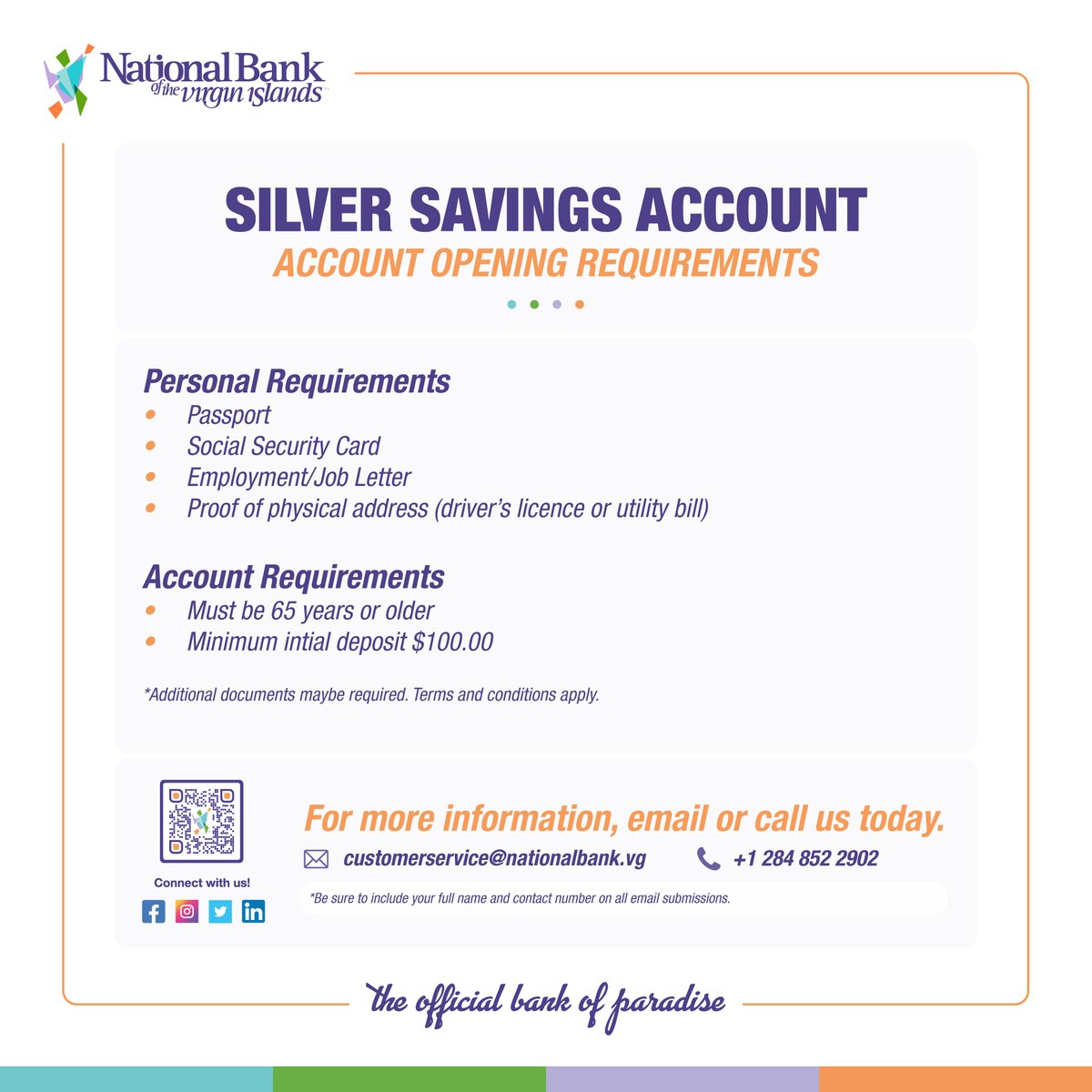 BankIslands's tweet photo. 🌟🌴 You deserve the best, and our Senior Savings Account offers hassle-free banking to help you achieve it! Call us at 284 852 2902 and join the NBVI family today! 💙🏦 #NBVI #NBVISilverSavings #TheOfficialBankOfParadise #YourCommunityBank https://t.co/wBn3yP8eBm