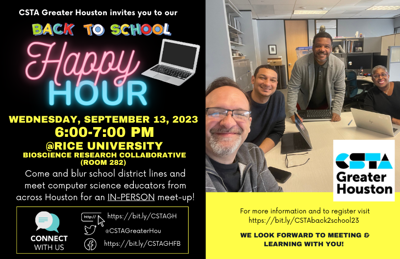 Houston area CS teachers, are you ready for our Back-to-School kickoff??  Come out to meet us at
<a href="/RiceUniversity/">Rice University</a> and learn from other computing educators as we start the 2023-24 school year off the right way! 😎 

Sign up here: bit.ly/CSTAback2schoo…