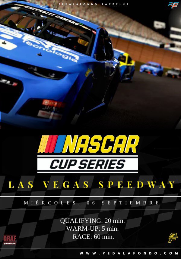 VOLVEMOS!

Cada miércoles. 22.15h.
NASCAR CUP SERIES
en rFactor2

INSCRIPCIONES ABIERTAS

06/09 LAS VEGAS

#rf2 #nascar #s397