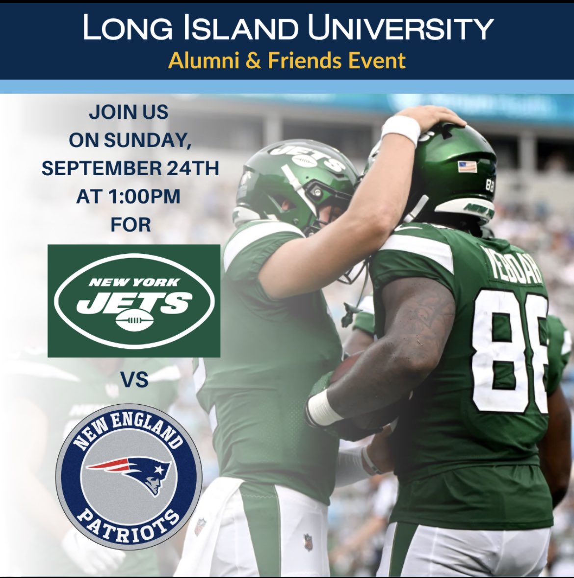Calling all football fans! Ready to see Aaron Rodgers take on the New England Patriots? Don’t worry we have you covered! Join us Sunday, September 24th for the Jets vs. Patriots game at MetLife Stadium! To purchase tickets visit igfn.us/f/4cup/n. See you there!