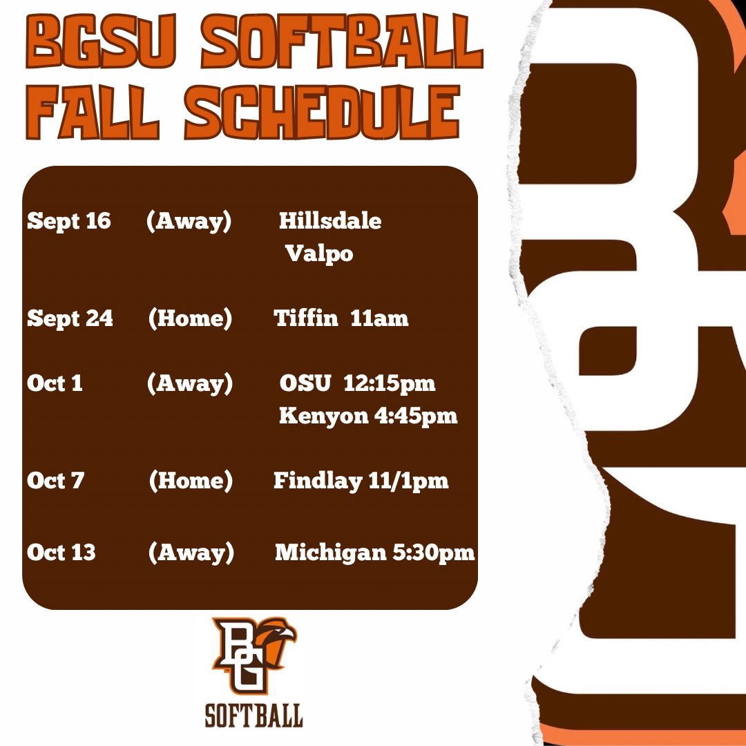 📣📣LETS GOOOOO!!!📣📣

🤎Almost time for FALL BALL!! 🤎 
Come support the FALCONS!!

#falconfam #BGSU #AyZiggy 

<a href="/BGSUSoftball/">BGSU Softball</a> 
<a href="/BGSU_Athletics/">BGSU Athletics</a> 
<a href="/BGScreechTeam/">BGSU Athletics Marketing</a> 
<a href="/FalconAlumni/">Bowling Green State University Alumni Association</a> 
<a href="/FalconAlumni/">Bowling Green State University Alumni Association</a> 
<a href="/bgsu/">Bowling Green State University</a>