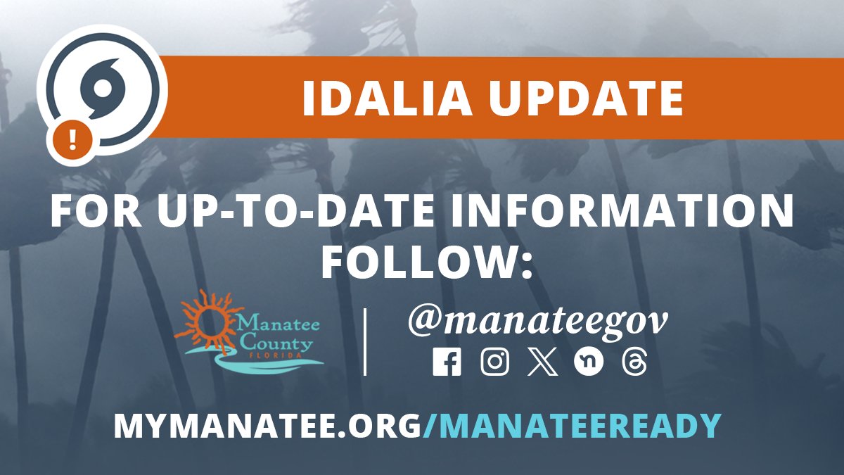 For Tropical Storm #Idalia updates, please follow @ManateeGov. Sign up for alerts at mymanatee.org/alertmanatee or get text updates by texting 'MANATEEREADY' to 888-777.