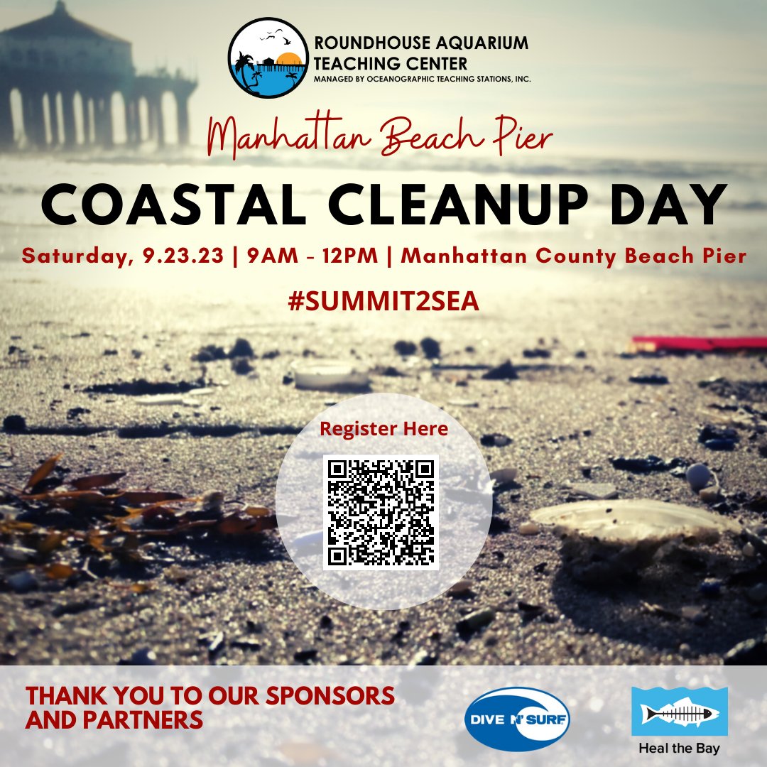 RoundhouseMB's tweet photo. Give back to your community and keep our beaches clean at the same time! Join the Roundhouse for Coastal Cleanup Day on September 23, 9am-12pm. Register at the link in bio, and make sure you select “Manhattan County Beach - Pier” as your location. 
#Summit2Sea #coastalcleanupday https://t.co/e3oq0QdlpC