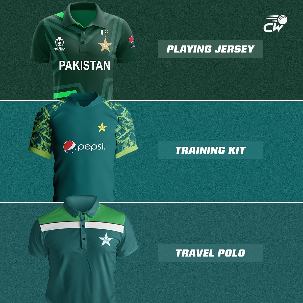 The Pakistan Cricket Board introduces the captivating #StarNation playing jersey, training kit, and travel polo for #CWC23  👕

Which one looks the best❓ 🤔

#WorldCup2023 #PakistanCricket #CricWick #CricketTwitter