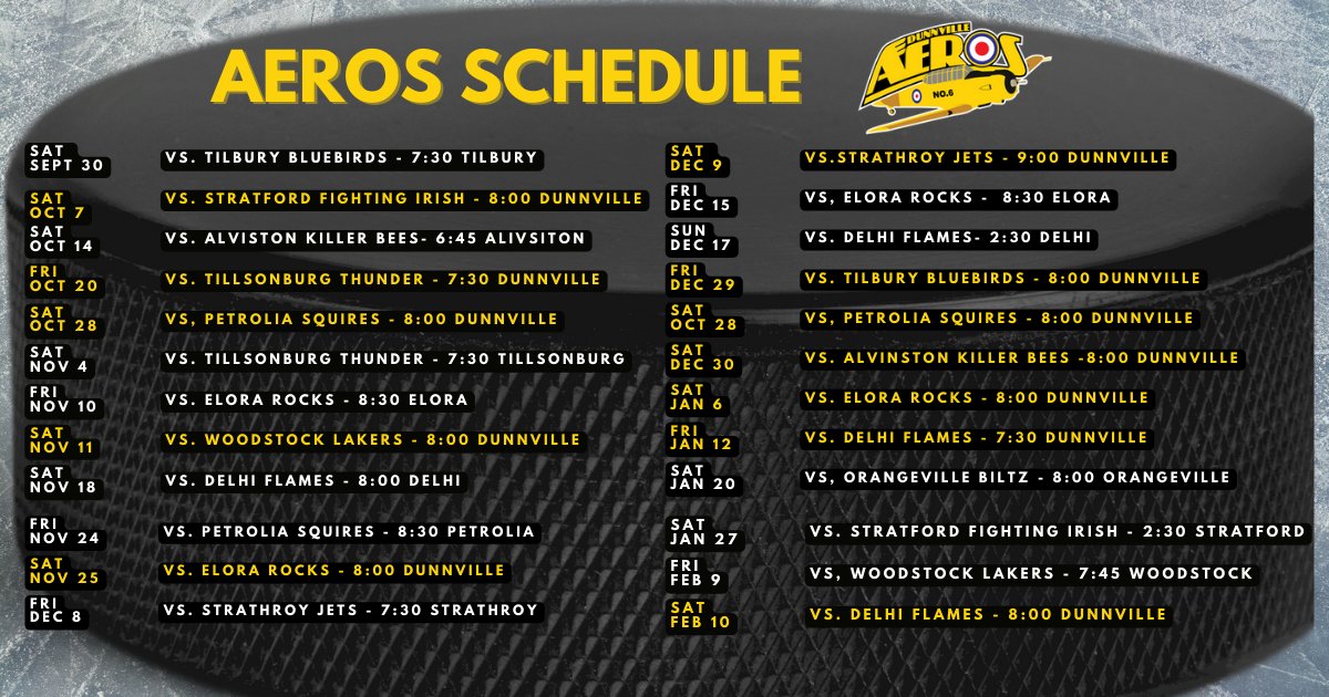 DunnvilleAeros's tweet image. AEROS SCHEDULE ANNOUNCEMENT!
Hey Dunnville our schedule is now live on the WOSHL Hockey website (dunnville.woshl.com/stats...)

We are only 41 Days away from our first home game and we can't wait to #TakeFlight in front of the home crowd.

#41days
#woshl
#TakeFlight