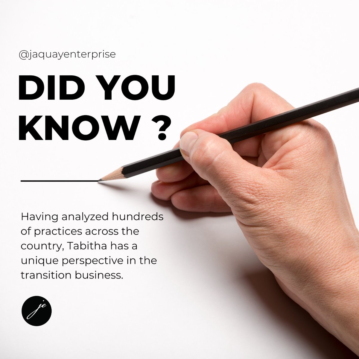 Did you know? Tabitha Jaquay-Fernandez brings a wealth of expertise from analyzing hundreds of practices across the country! Her unique perspective sets her apart as your ultimate guide to success.

#JaquayEnterprise #TransitionAdvisor #TransitionExpert #Perspective #DidYouKnow
