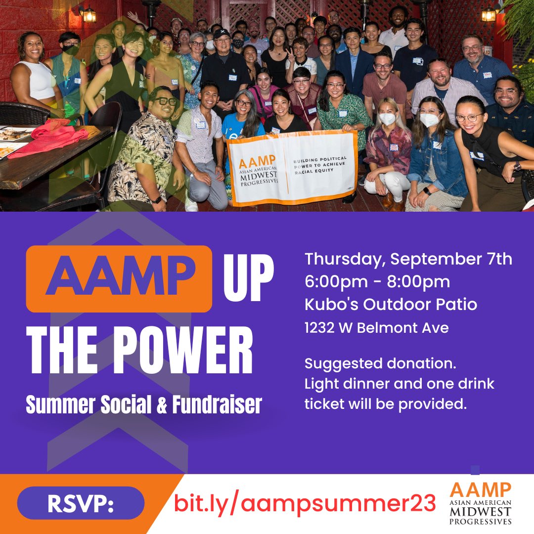 AAMProgressives's tweet photo. Join us on  Thursday, September 7th from 6-8pm at Kubo Chicago for a night of celebration and power building. 

Get Your Tickets: https://t.co/GsdTW3S4bQ

Suggested donation. Light dinner and one free drink ticket per attendee will be provided. 

#AAMPItUp https://t.co/FgxPGY6roq