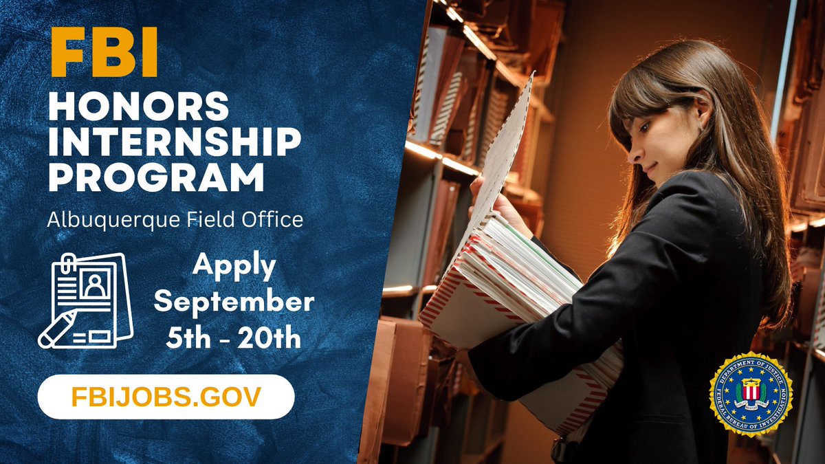 FBIAlbuquerque's tweet photo. Calling #CollegeStudents! The #FBI Honors #Internship Program will be open for applications starting September 5th. The window to apply will close on September 20th. Apply and find more information at https://t.co/UsYUxgY5Tj 📚  #InternshipProgram #FBIInternship #Opportunity https://t.co/CDEpH01FX0