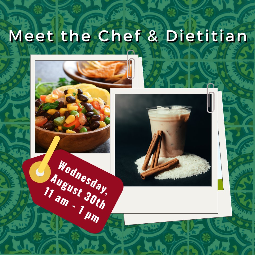 DrakeDining's tweet image. 📆 Wednesday, August 30th
⏰ 11 am to 1 pm
📍 Hubbell Dining Hall
You don't want to miss this 👀! Drake Dining's Chef Padilla and Dietitian Samantha Matt will be sampling Chef's homemade black bean &amp;amp; corn salsa as well as horchata.