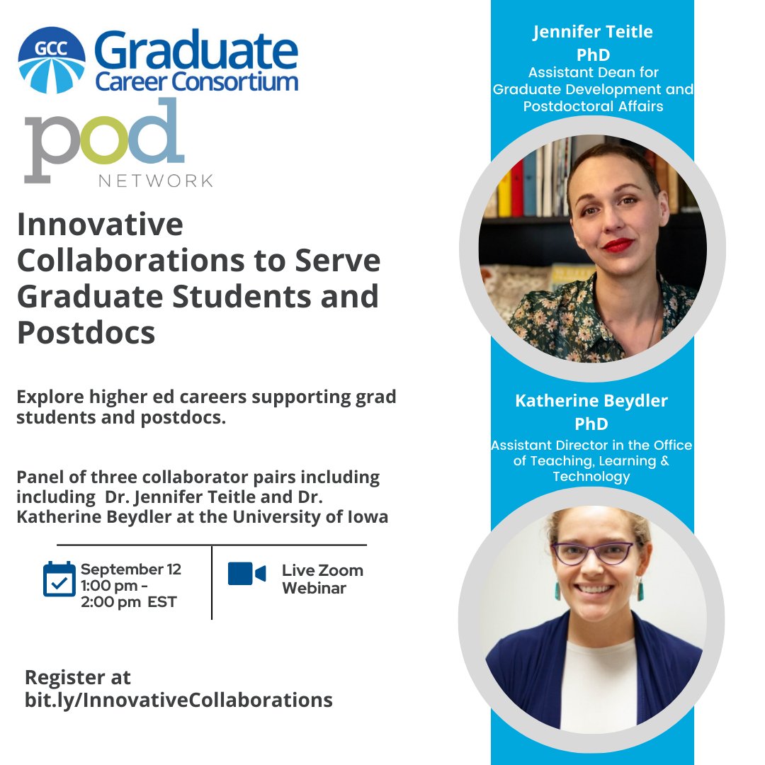 The GCC & @PODNetworkHQ are partnering to highlight intra-institutional collaborations supporting grad student & postdoc career and professional development. Here we spotlight those presenting from @uiowa. Join us Sept 12, 1-2 PM: bit.ly/InnovativeColl…