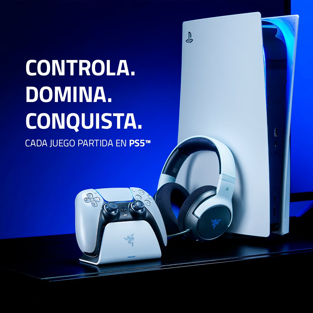 RazerLatino's tweet photo. Con licencia oficial de PlayStation™, marca la diferencia en cada partida de PS5 con #Razer 😉
.
#WolverineV2Pro #KairaPro #QuickChargingStandRazer https://t.co/UQ95S1yXEE