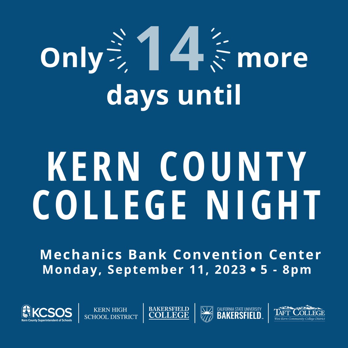 Kern County College Night is only 14 days away! Don't forget to mark your calendars for September 11 from 5 p.m. to 8 p.m. 🎉

Follow for more updates as we get closer to the event here:  <a href="/KCCollegeNight/">Kern County College Night</a>