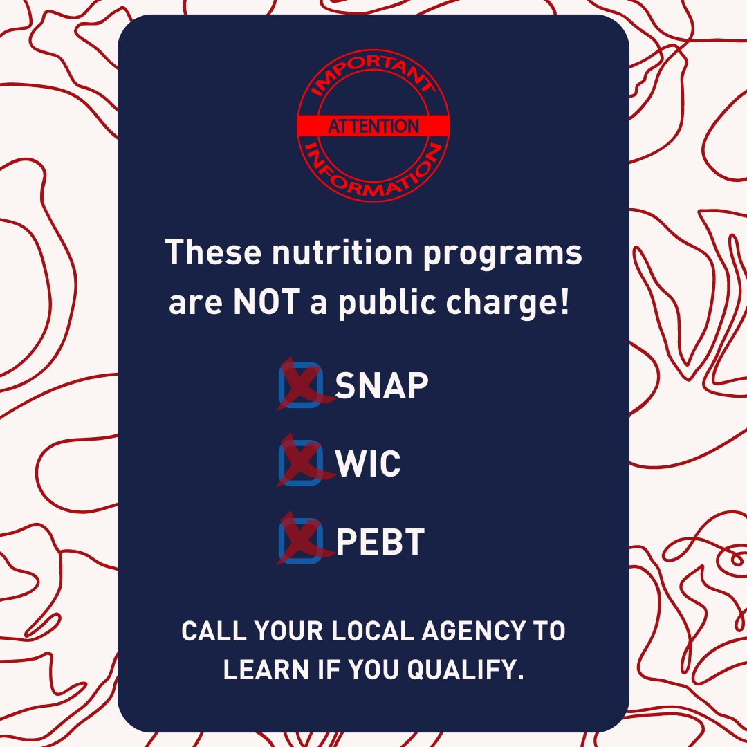 SNAP, WIC, and PEBT are NOT a public charge. If you have questions about these programs or want to be connected with your local agency, call the Hunger Hotline today. 

#snap
#wic
#pebt
#nutritionprograms