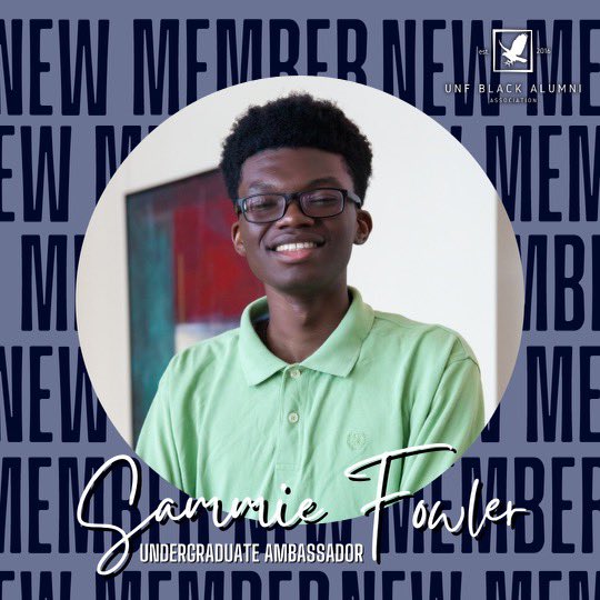 UNFBAA's tweet photo. We launched our Undergrad Ambassador program this Summer and we’re excited to introduce you to our newest members. First up is Sammie Fowler III. He’s an accounting major and class of 2026. Welcome to the team Sammie!! #Unfbaa #blackalumni #undergradambassadors #Swoop #UNF https://t.co/77mUyYpePn