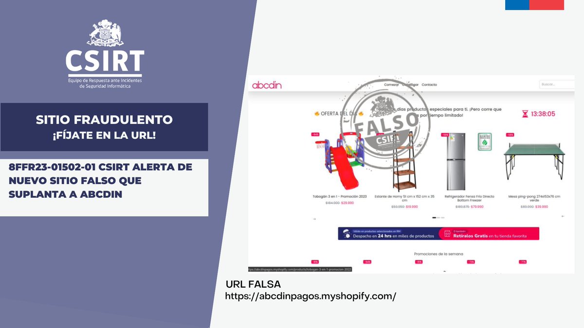 ANCIChile's tweet photo. ⚠️ ¡Atención! Informamos de la activación de un sitio fraudulento que suplanta a #ABCDin ¡#NoHagasClick! Los detalles aquí: https://t.co/gj9hefCIkZ #ciberseguridad #CSIRTGob @subseinterior https://t.co/EyuqE4eH50
