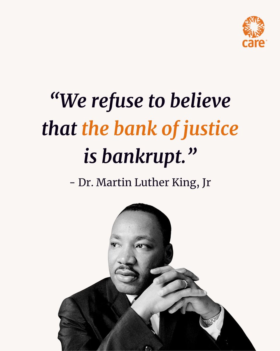 CARE's tweet photo. Today is the 60th Anniversary of the day MLK delivered his iconic "I Have a Dream" Speech. While we reflect on the progress we've made, we acknowledge the work that still lies ahead to deliver on Dr. King's dream of a world free from prejudice and discrimination.  #IHaveADream60 https://t.co/rpfOhEmbP8