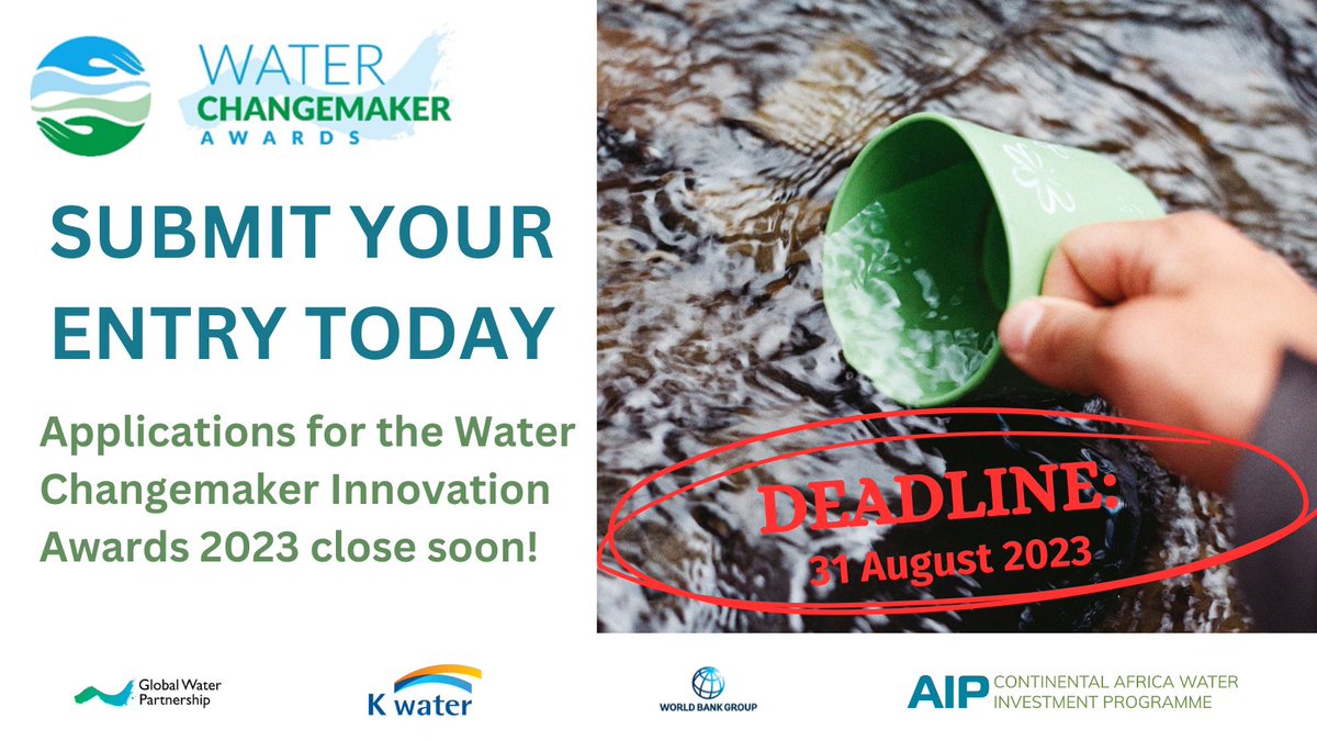 FINAL WEEK FOR APPLICATIONS! The Water Changemaker Innovation Awards 2023 will help increase your impact in solving the world's #water challenges. Complete and submit your application here: waterchangemakers.org/enter/ Application deadline: 31 August 2023 #WaterChangemakerAwards