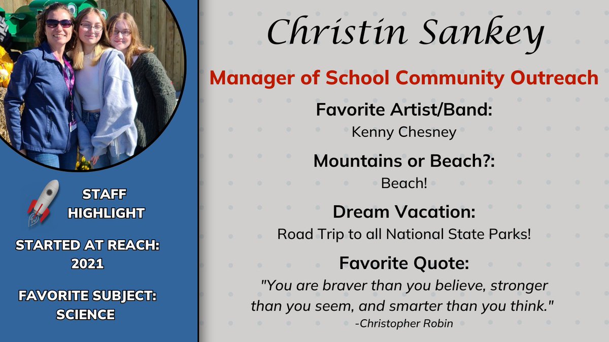 ReachCyber's tweet photo. Christin has been with Reach Cyber first as a caretaker and now as the Manager of School Community Outreach. We are ecstatic about the dedication Christin has for our families and are excited for another school year of fun events! #reachcyber #InspireAndNurture https://t.co/6q5SQsEK8Y