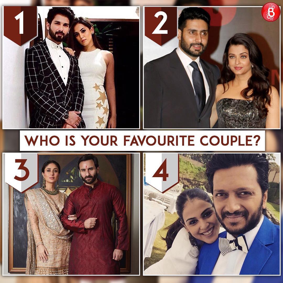 Comment your Favourite Bollywood Couple!

#ShahidKapoor - #MiraRajput
#AbhishekBachchan - #AishwaryaRaiBachchan 
#SaifAliKhan - #KareenaKapoor 
#RiteishDeshmukh - #GeneliaDSouza 

#Bollywood #BollywoodCouple #BollywoodBubble