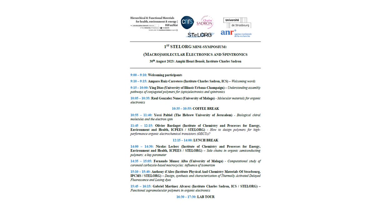 Amparo RuizCarretero (@ampowerflower) on Twitter photo We're happy to announce the awesome program for the first <a href="/STELORG/">STELORG</a> symposium on Macro(Molecular) Electronics and Spintronics next Wednesday 30th August @CharlesSadron Thanks to <a href="/DiaoGroup/">Ying Diao</a> <a href="/OBardagot/">Olivier Bardagot</a> <a href="/GabStrasChem/">Gabriel Martinez</a> <a href="/InfoUMA/">Universidad de Málaga</a> @N_Leclerc_Org #yossipaltiel
<a href="/CNRS_Alsace/">CNRS Alsace</a> @INC_CNRS 👇👇 We're happy to announce the awesome program for the first <a href="/STELORG/">STELORG</a> symposium on Macro(Molecular) Electronics and Spintronics next Wednesday 30th August @CharlesSadron Thanks to <a href="/DiaoGroup/">Ying Diao</a> <a href="/OBardagot/">Olivier Bardagot</a> <a href="/GabStrasChem/">Gabriel Martinez</a> <a href="/InfoUMA/">Universidad de Málaga</a> @N_Leclerc_Org #yossipaltiel
<a href="/CNRS_Alsace/">CNRS Alsace</a> @INC_CNRS 👇👇