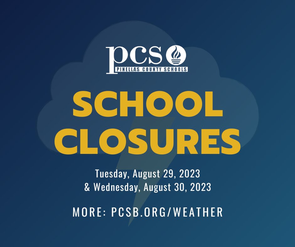 SCHOOL CLOSURE UPDATE: Pinellas County Emergency Management has activated shelters in preparation for Tropical Storm/Hurricane Idalia. Therefore, all Pinellas County Schools and offices will be CLOSED on Tuesday, August 29 through Wednesday, August 30. (Cont.)