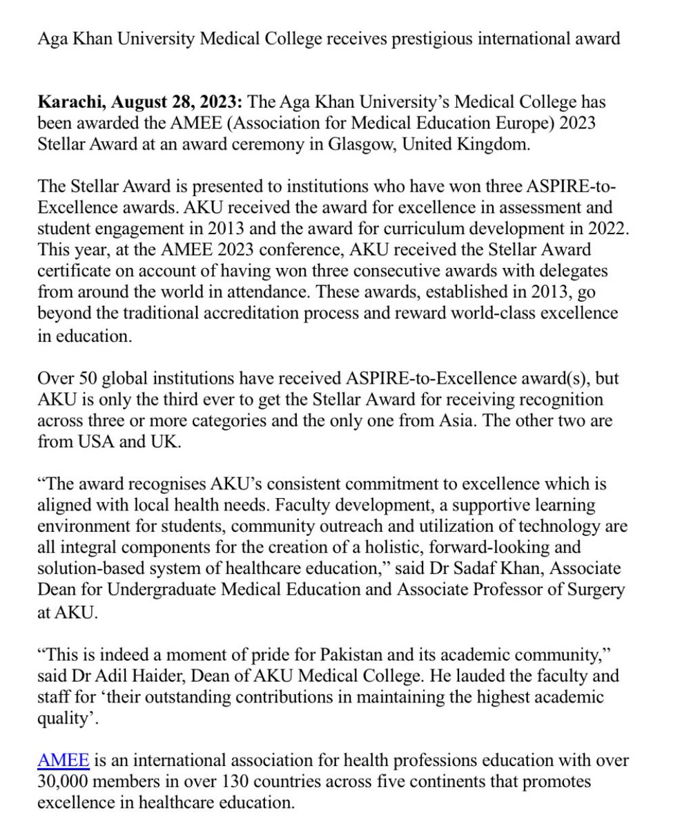 AdilHaiderMD's tweet image. We @AKUGlobal gratefully accept this year’s Stellar award @AMEE_community for excellence in student engagement, assessment &amp;amp; curriculum design for our MBBS program. Congrats to our faculty and students for their everyday excellence! A proud moment for pakistan🇵🇰 #AMEE2023 #MedEd