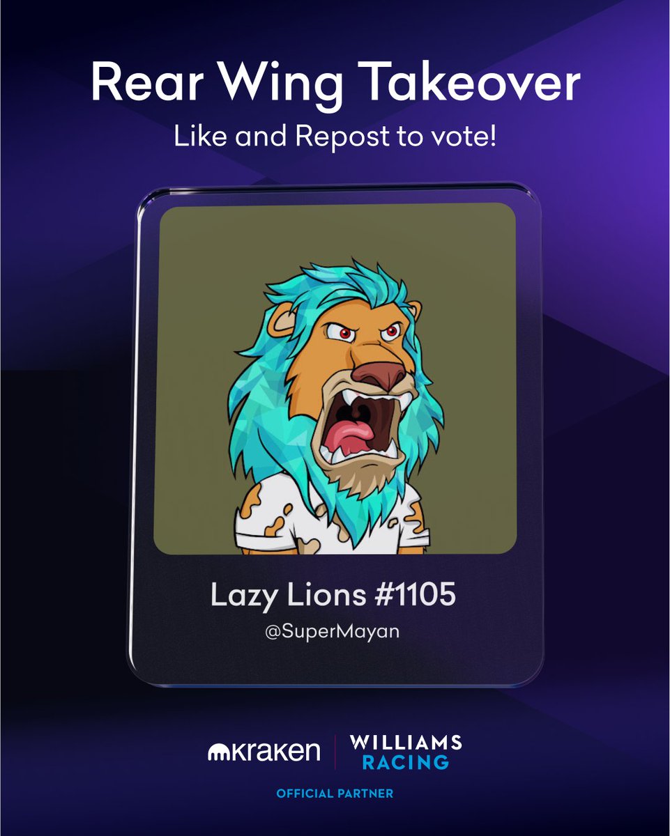 Rally for @SuperMayan and @LazyLionsNFT in the #RearWingTakeover contest! 🎉 🗳️ Every like and repost counts as a vote. Join the race to victory and help them win by showing your support 🤝 🏆 Voting ends 11:59 PM EST on Aug 31st. Good luck! @WilliamsRacing