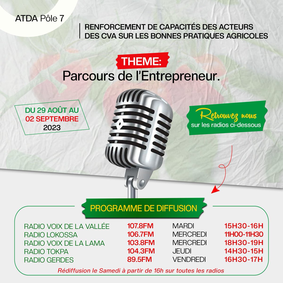 LERURAL2's tweet photo. 📻🎙️RENFORCEMENT DE CAPACITÉS DES ACTEURS DES CVA SUR LES BONNES PRATIQUES AGRICOLES
Suivez chaque semaine, à partir du 29 Août, sur les 05 radios partenaires de l'ATDA du pôle 7, des émissions
Thème de cette semaine : 𝐏𝐚𝐫𝐜𝐨𝐮𝐫𝐬 𝐝𝐞 𝐥'𝐄𝐧𝐭𝐫𝐞𝐩𝐫𝐞𝐧𝐞𝐮𝐫
#ATDA7 https://t.co/cGG5iarGhb