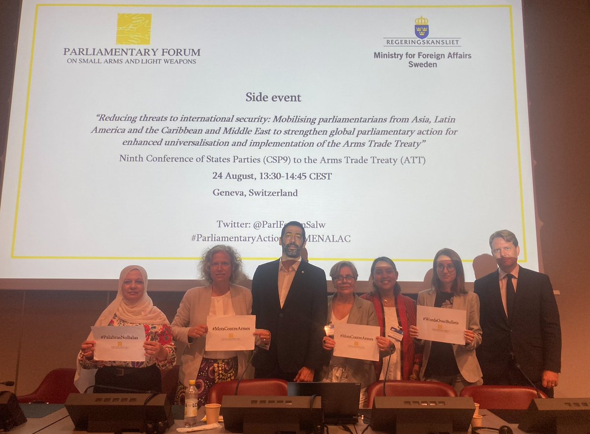 ParlForumSalw's tweet photo. Warm gratitude to all participants & panellists in our side event at #CSP9 on August 24 about MP action on #ATT universalisation & implementation, linking to #WPS. Thank you also @CanadaFP for funding & @SweMFA & @SwedenGeneva for co-organising #ParliamentaryActionAsiaMENALAC https://t.co/pe4SnCoENl