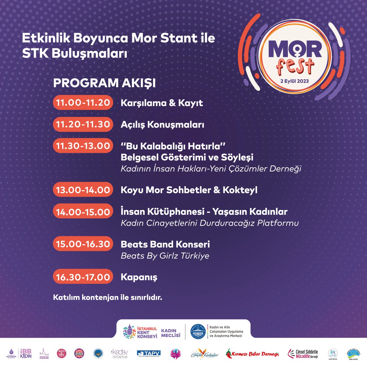 Dayanışmanın gücünü hissetmek için MorFest'te tüm kadınlar ile bir araya geliyoruz! Kadın Meclisi’nin 3. yılı Kutlu Olsun! 🎉

Sen de katıl, birlikte kutlayalım! 💜

📆2 Eylül Cumartesi
⏰ 11:00 - 17:00

◻️Katılım formu BİO’da!
◻️Katılım ücretsizdir.