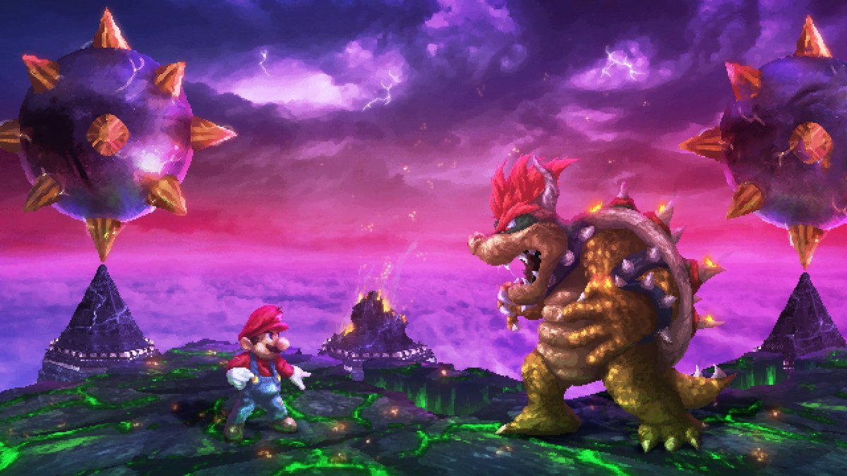 Orioto's tweet photo. Posting a thread of my #BossStage Nintendo series to recap like a countdown before the 5th one! For reminder it's about imagining Nintendo games as dramatic 2d fighters! #pixelart
 1 - Mario 64 https://t.co/m9Sw08skJb