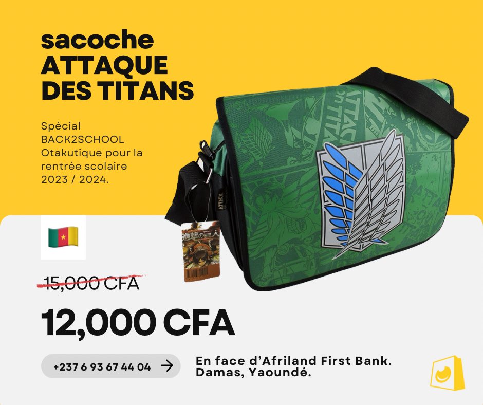 otakutique's tweet photo. 🇨🇲 Sacs et Sacoches Otaku disponible maintenant! STOCK LIMITÉ 👀. 
Prix, Contact &amp; Adresse sur l’image. Naruto, Attaque des Titans, Tokyo Ghoul &amp; One Piece. Expédition vers d’autres villes possibles! 
#Otakutique #Yaounde #Douala #Cameroon https://t.co/TvmUtN9dRb