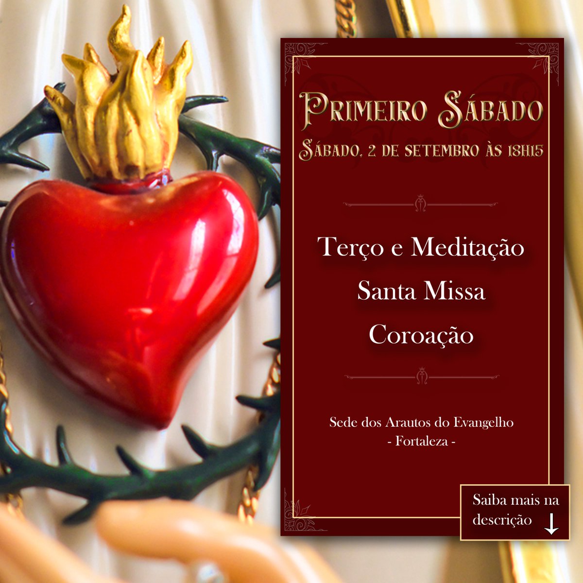 *PRIMEIRO SÁBADO* 

*"Eu prometo assisti-los na hora da morte"* com todas as graças necessárias para a salvação dessas almas’”.

Dia 02/09 Sábado, 18h15 na sede dos Arautos.

O que é a devoção do PRIMEIRO SÁBADO?
👇👇👇
*instagram.com/p/Cwf33wYJDsC/…*