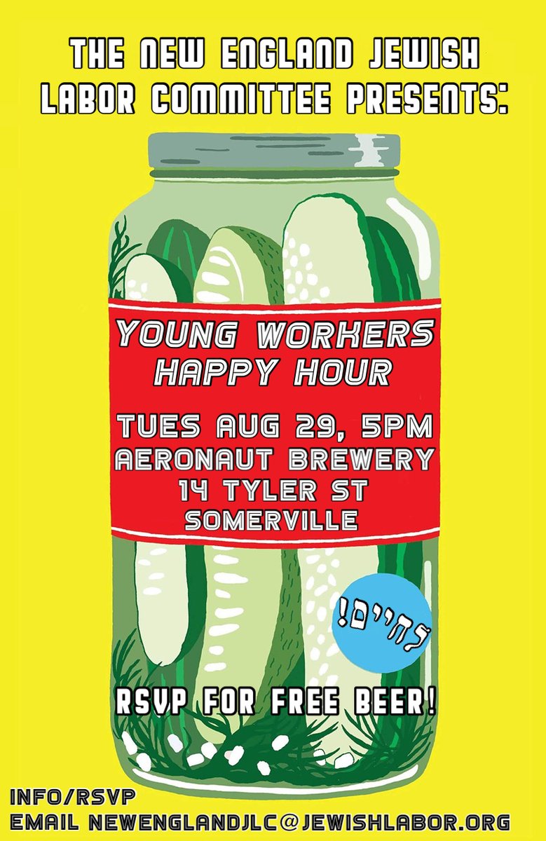 NEJewishLabor's tweet photo. Do you like free beer? Cool labor people? Secret solidarity actions? Come down to @AeronautBrewing in #somerville Tuesday 8/29 at 5pm for the NEJLC's Young Workers' Happy Hour! 

RSVP/More Info: NewEnglandJLC@JewishLabor.org

#freebeer #Union #beer #Solidarity  #Jewish  #Boston https://t.co/aZ2gWmxtCi