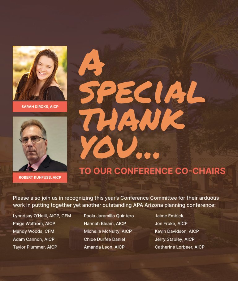 AZPlanning's tweet photo. We want to recognize our amazing Co-Chairs and Conference Planning Committee for all their hard work  putting together the 2023 Arizona State Planning Conference! We hope you enjoy this year's conference experience and everything they've planned for you!
https://t.co/7bVXLNiIYa https://t.co/dJFG4RF6zo