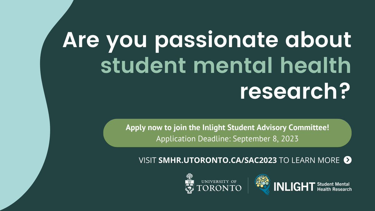 📢Reminder: Applications are open for the 2023 Inlight Student Advisory Committee! 

The SAC ensures the representation, prioritization &amp; engagement of student voice in mental health research. Current #UofT graduate + undergraduate students, apply now at smhr.utoronto.ca/sac2023/