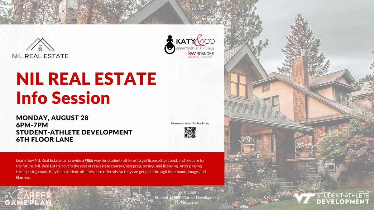VT S-A Development (@vtsadevelopment) on Twitter photo TONIGHT!
NIL Real Estate Info Session presented by <a href="/NILRealEstate/">NIL Real Estate</a>
6PM
Student-Athlete Development/6th floor Lane TONIGHT!
NIL Real Estate Info Session presented by <a href="/NILRealEstate/">NIL Real Estate</a>
6PM
Student-Athlete Development/6th floor Lane