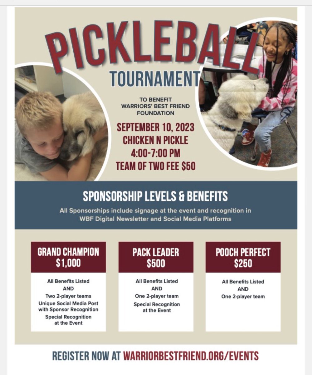 _MrsBrownlee's tweet photo. Are you a pickle ball player? (Or want to be?) 
Join us for a benefit for the Warriors’ Best Friend foundation! 
#facilitydog #mentalhealth https://t.co/ehBkwM66Ph