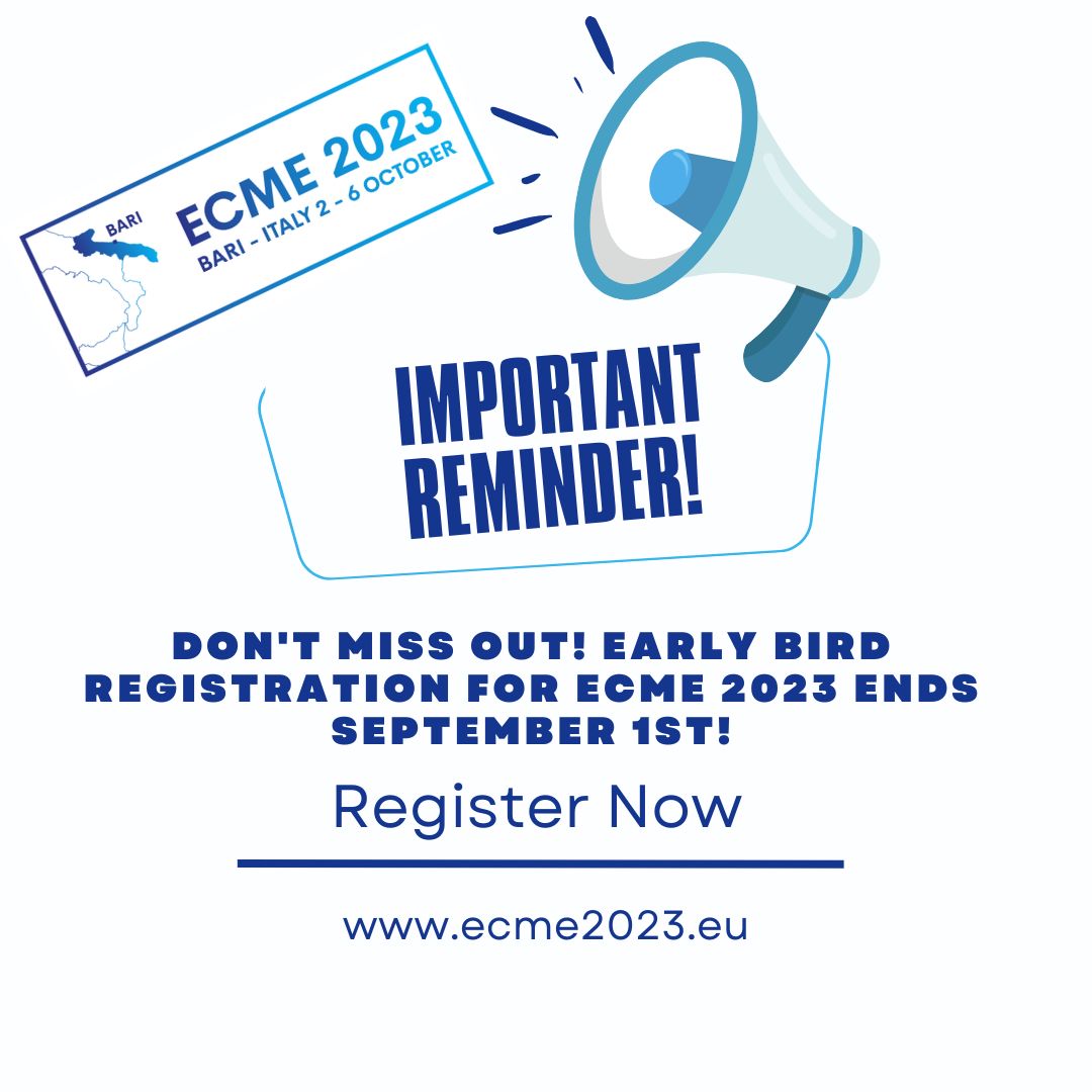 Ecme2023's tweet photo. 📢 Don't Miss Out! Early Bird Registration for ECME 2023 Ends September 1st!
Register now on the website https://t.co/hA5xUYzwtQ ✅️👩‍🔬🧑‍🔬🔬
#ecme2023 #earlybird #bari https://t.co/nEv1cU395m