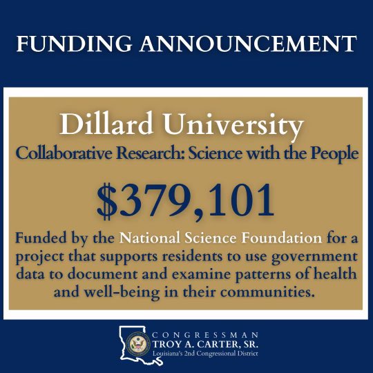 RepTroyCarter's tweet photo. .@du1869 has been awarded $379,101 from the @NSF for the #ScienceWithThePeople Collaborative Research Project. This will help #LA02 residents use government health data to answer questions they may have about illness concerning the places they live. Congratulations! https://t.co/ctTNIWDcdD