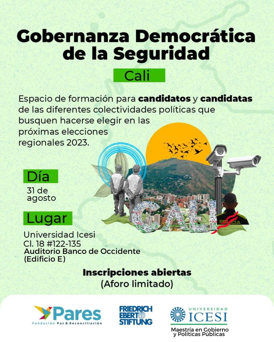 Elecciones2023 📷| ¡Cali! Invitamos a candidatos y candidatas al espacio "Gobernanza Democrática de la Seguridad" el 31 de agosto en Universidad ICESI. Fortalece tu enfoque en convivencia y seguridad. Inscríbete en:
bit.ly/FormacionPares