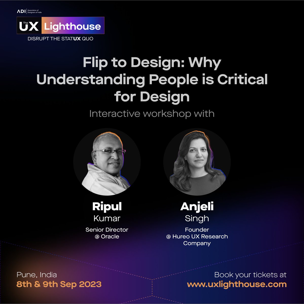 ADIuxlighthouse's tweet image. Anjeli has been running Hureo, India's leading User Research consultancy for the last 9 years and works with large global clients. 
Ripul ran Kern &amp;amp; helped set up research at many global corporations. He currently works with the design team at Oracle.
#ADI #ADIPune  #UXLighthouse