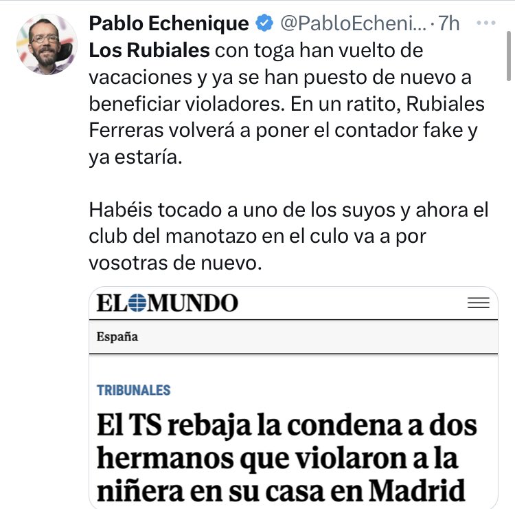 sueciasski's tweet image. #ULTIMAHORA este #soplapollas #planchabragas anormal de “ECHEMINGA” culpa a los jueces del delito cometido por la delincuente q merece estar en la #cárcel IRENE MONTERO y su banda de criminales y sicarios tuiteros: liberar a violadores asesinos pederastas con su ley.

#Rubiales