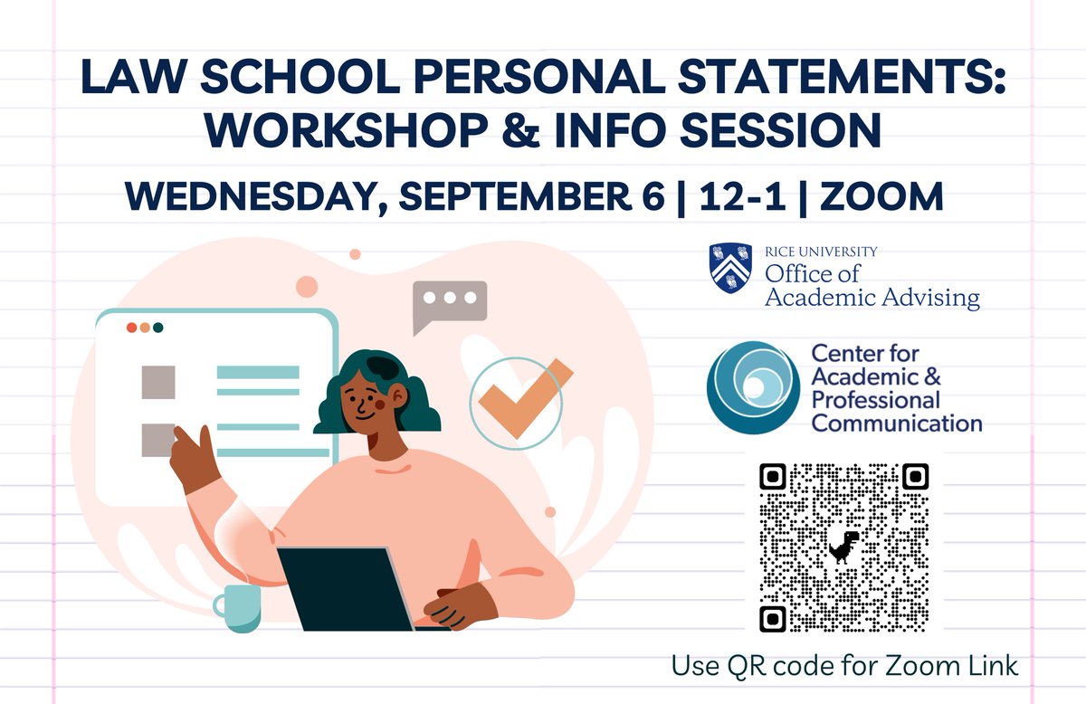 Pre-law and need help with your personal statements? Hop on Zoom on September 6th for the OAA and CAPC's Law School Personal Statement Workshop and Info Session.

Zoom Link: riceuniversity.zoom.us/j/7734121780?p….