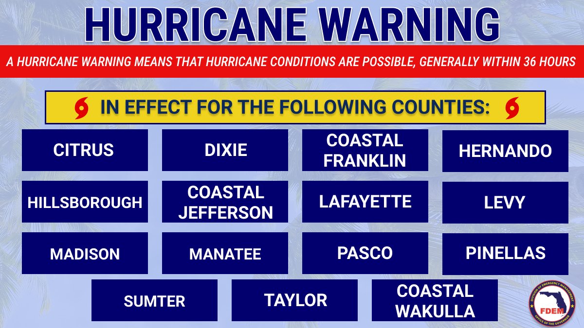 🚨 8/28 12:30PM: Hurricane Warnings are in effect for Citrus, Dixie, coastal Franklin, Hernando, Hillsborough, coastal Jefferson, Lafayette, Levy, Madison, Manatee, Pasco, Pinellas, Sumter, Taylor &amp; coastal Wakulla counties.

14 counties are under Tropical Storm Warnings.
