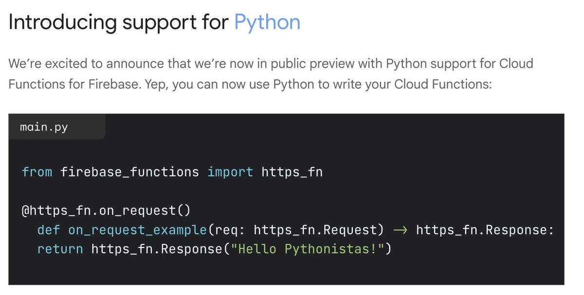 Firebase's tweet photo. 🐍 Cloud Functions for Firebase gen2☁️

1️⃣ Use Python too libraries such as pandas＆NumPy
2️⃣ Based on EventArc, so triggers include Firebase Alerts, Firestore triggers, custom events＆more
3️⃣ Run gen1 and gen2 Cloud Functions side by side

@puf explains → https://t.co/cBSewBY8uU https://t.co/znMaouQhHi