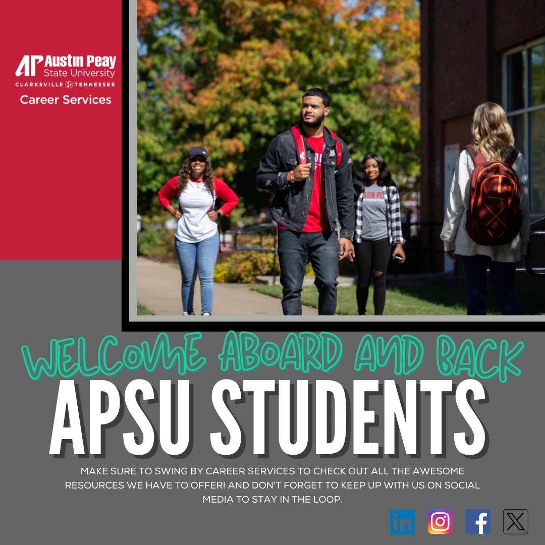 APSUJobs4Govs's tweet photo. Welcome back, students! Visit Career Services for great resources, and follow us on social media to stay in the loop. Let's make this semester the best one yet!
#apsu #beagov #CareerServices #WelcomeBack #StudentLife #Opportunities #CareerReadiness #StudentEngagement #peaypix https://t.co/GRSiLIbWkA