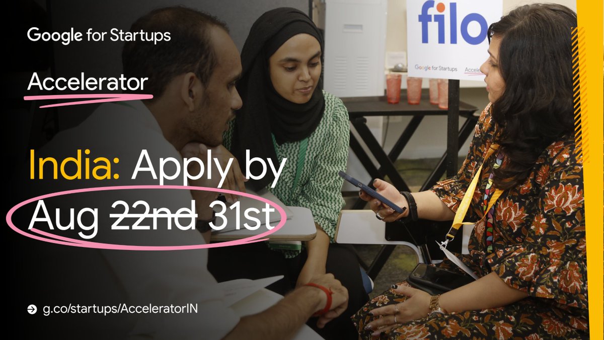 Google for Startups Accelerator: India Class 8 applications are wide open, but not for too long ⏰

If you are an AI-first startup, get it #AcceleratedWithGoogle. Applications are now open until Aug 31st 2023 → g.co/startups/Accel… 

#StartupIndia