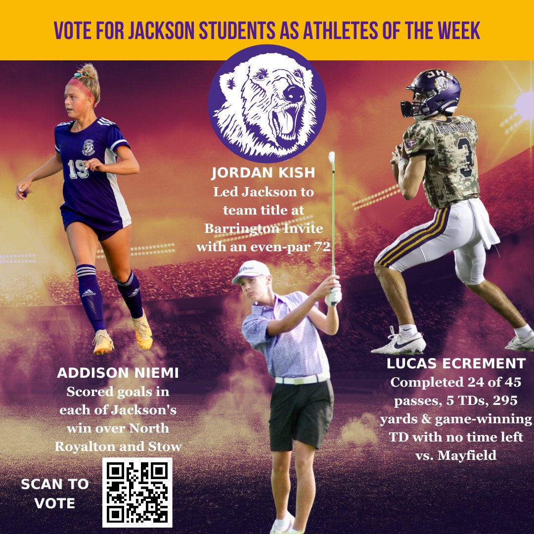JacksonLocal_SD's tweet photo. Three of our own are up for the Repository's Athlete of the Week! 🌟

⚽ Addison Niemi (Girls Soccer)
🏈 Lucas Ecrement (Football)
⛳ Jordan Kish (Boys Golf)
They've been AMAZING on the field! 🏆 Now let's get them the votes! 🗳️

👉 [Vote Here] https://t.co/WDUwzlVky3 https://t.co/9J1zyBzvjx