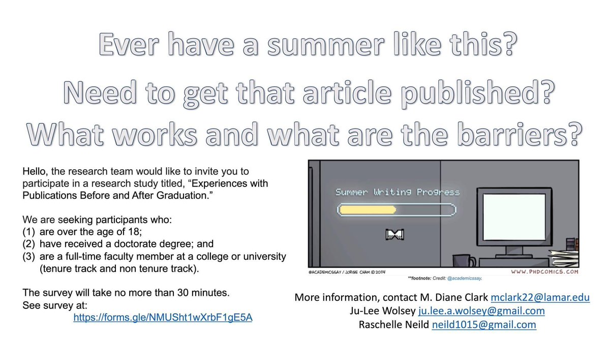 DsdeLamar's tweet photo. Participate in a research study titled “Experiences with Publications Before and After Graduation.”
The survey will take no more than 30 minutes. See survey at:
https://t.co/6MLCcpb3E2

More information, contact 
Mclark22@lamar.edu, ju.lee.a.wolsey@gmail.com, neild1015@gmail.com https://t.co/TuHhBrDJZP